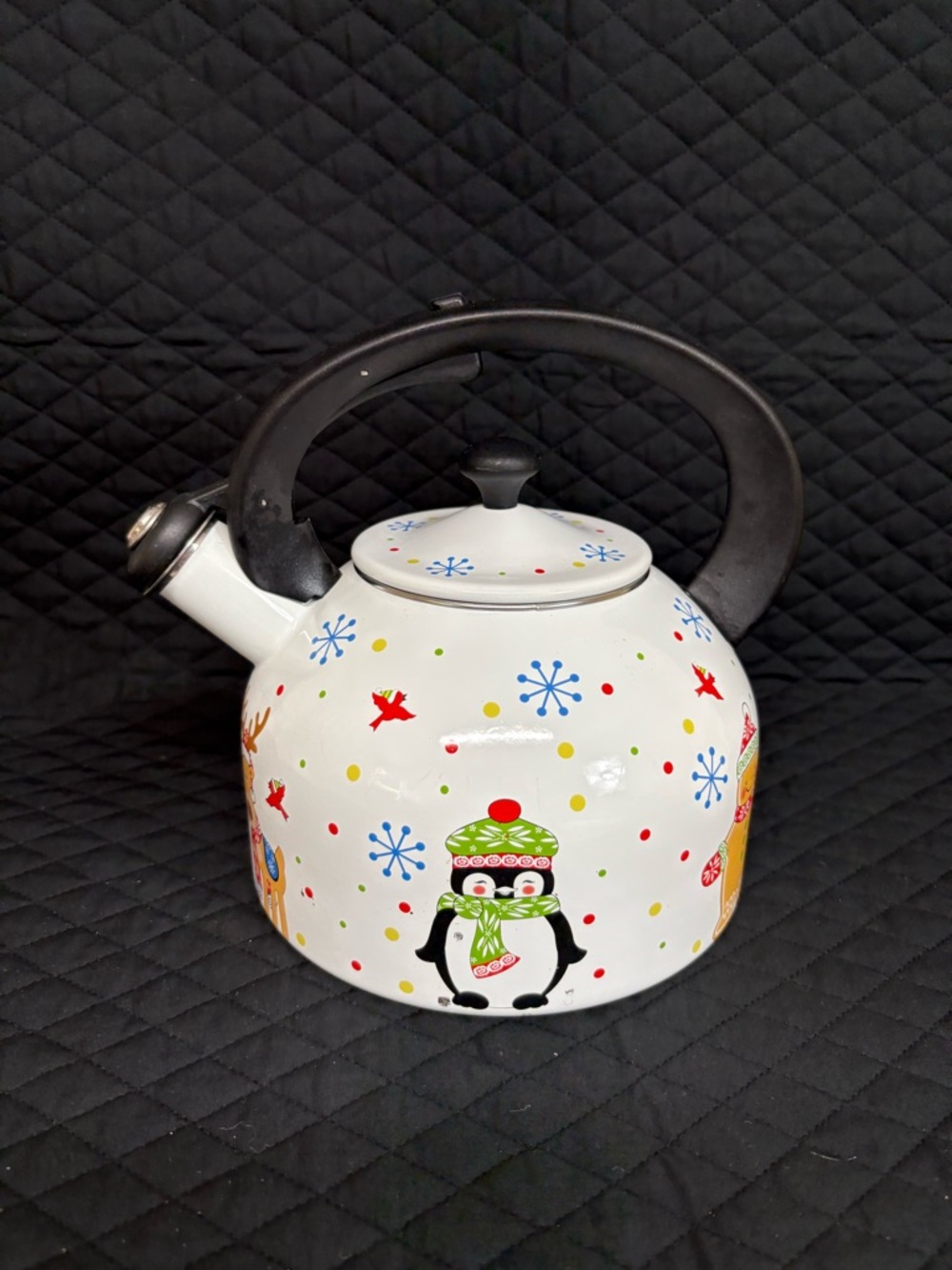 Temptations by Tara Christmas Winter Whistling Tea Kettle Black handle 2.3 Quart